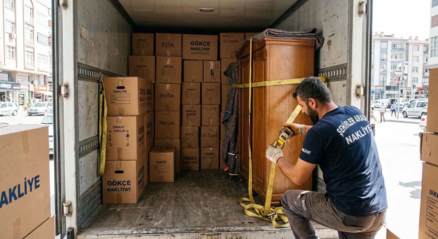 Saray Evden Eve Nakliyat kapsamında ahsap kolilerin arac icinde duzenli istiflenmesi