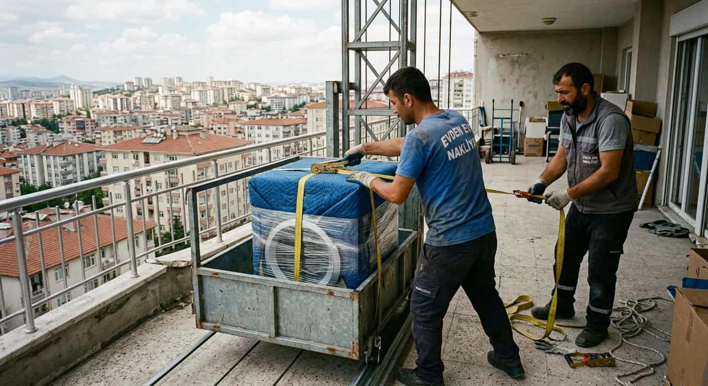 Eşya Paketleme - beyaz esyanin balkondan platforma yerlestirilmesi