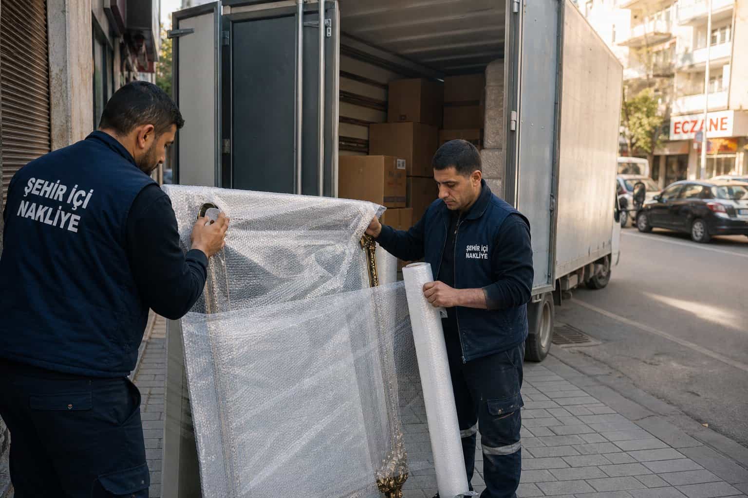 Nakliyat Hizmetleri hizmeti için paketli yatak veya panelin sokakta tasinmasi