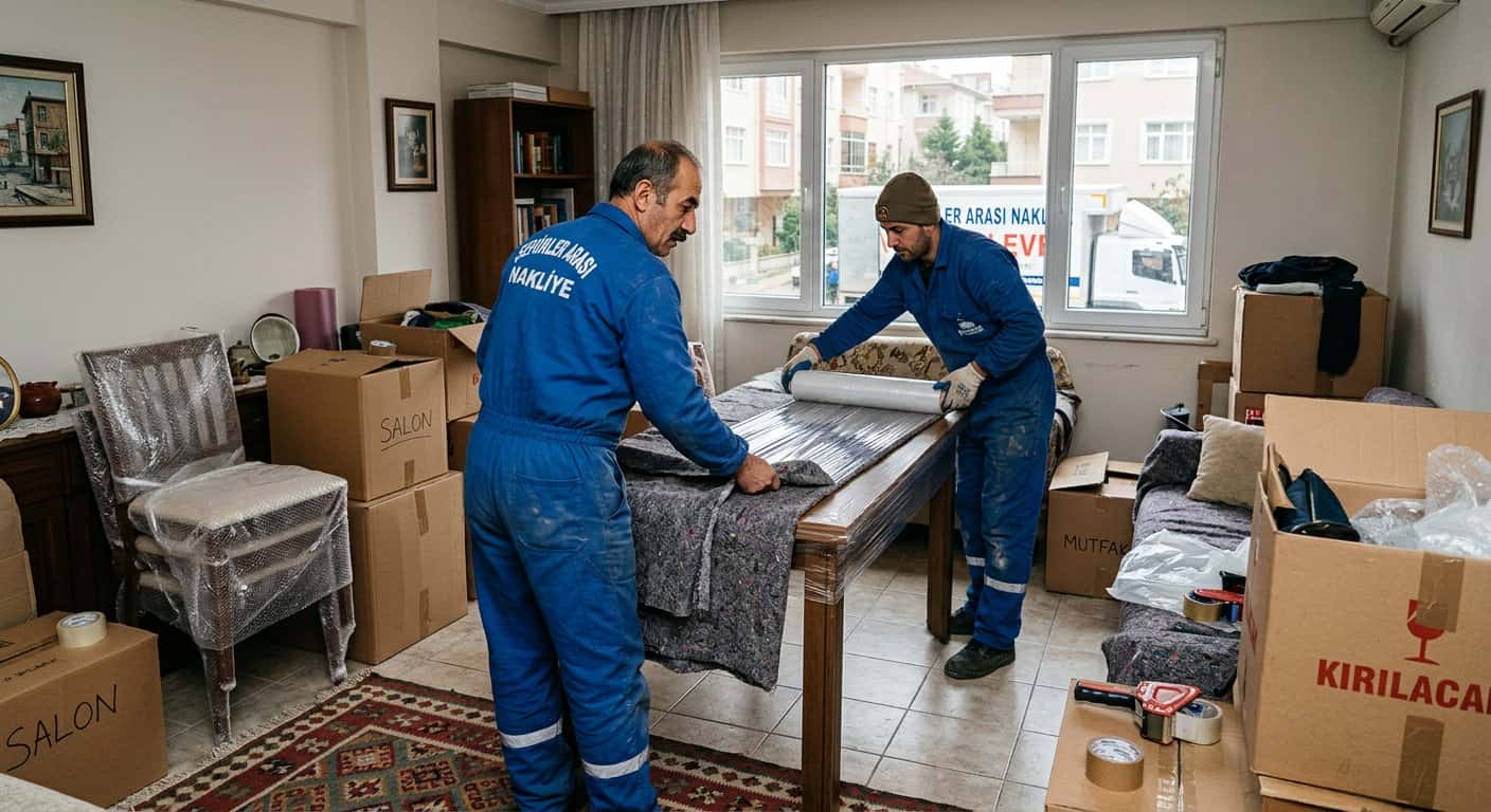 Hakkımızda kapsamında salonda masa paketleyen profesyonel nakliyeciler